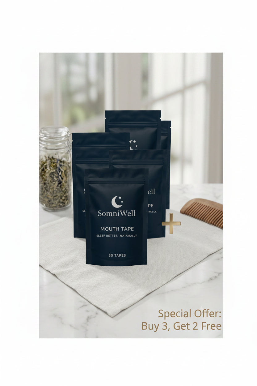Three black SomniWell mouth tape pouches arranged on a white towel on a marble surface, with a glass jar of dried herbs and a wooden comb in the background. Text at the bottom right reads 'Special Offer: Buy 3, Get 2 Free'.