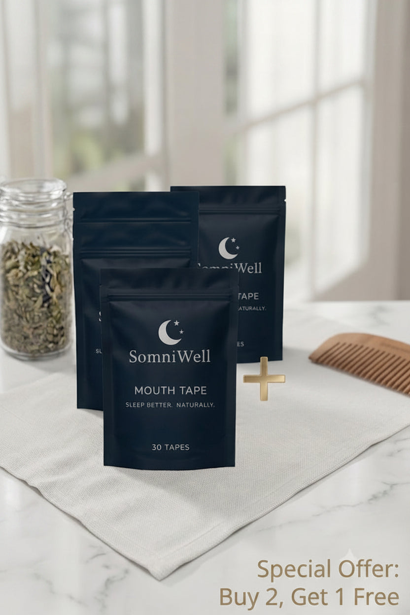 Three black SomniWell mouth tape pouches displayed on a white towel on a marble countertop, with a glass jar of loose herbal tea and a wooden comb nearby, and promotional text in the corner.