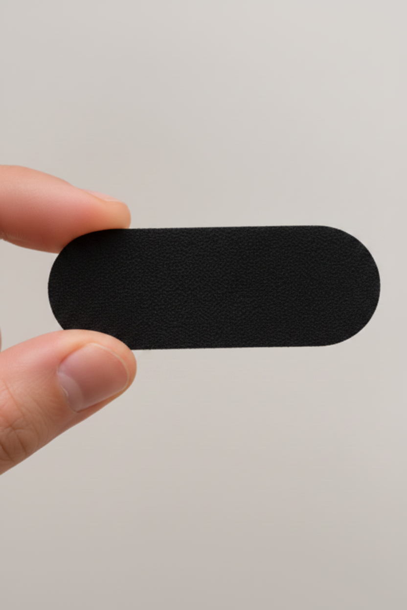 A close-up of a beige textured adhesive tape pad held between fingers, with the text '5. CLOSE-UP OF TAPE' at the top.