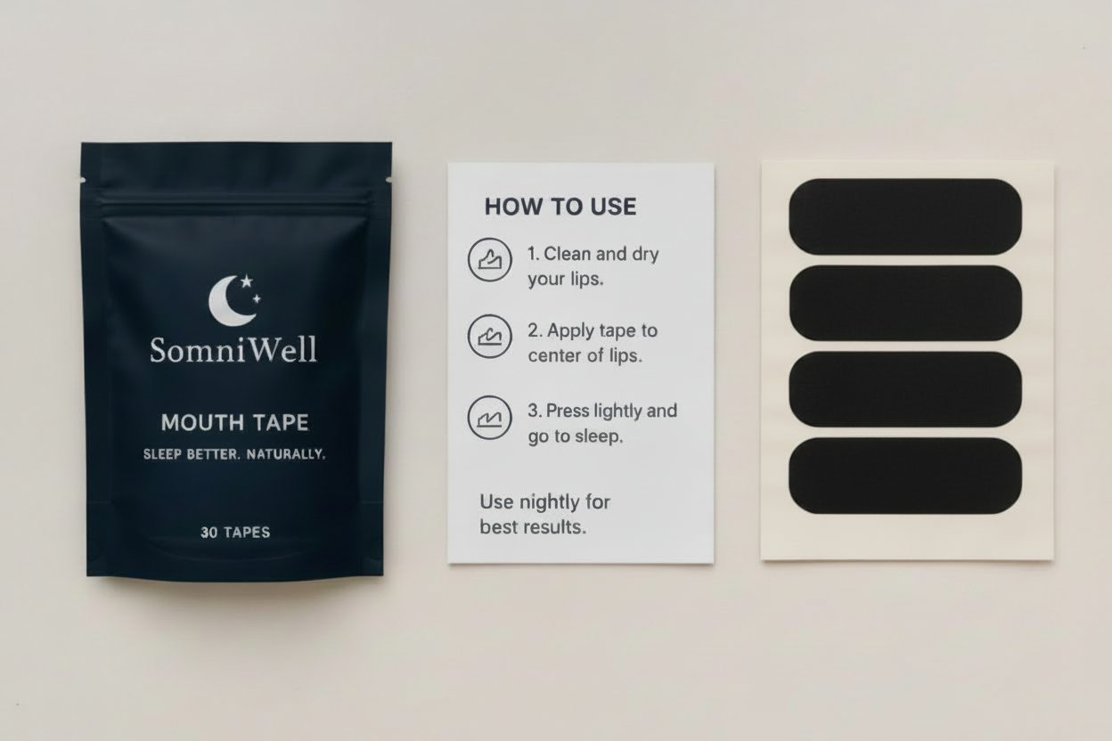SomniWell mouth tape product package and included contents on a light beige background, showing a dark pouch, a how-to-use card, and three beige adhesive tape strips.
