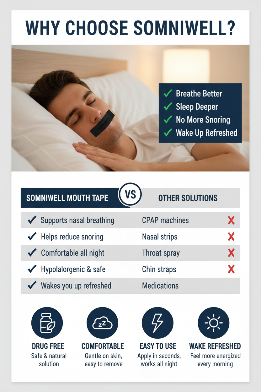 A promotional comparison graphic for Somniwell mouth tape. The left side shows a feature list with icons and text comparing Somniwell mouth tape to other solutions like CPAP machines, nasal strips, and throat spray.