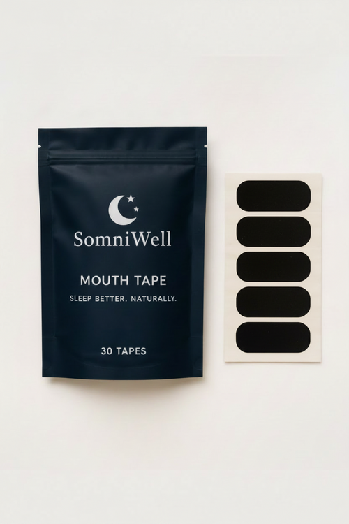 SomniWell mouth tape packaging in a dark navy pouch next to a sheet of five beige adhesive mouth tapes on a white background, with the text '2. PRODUCT PACKAGING' at the top.